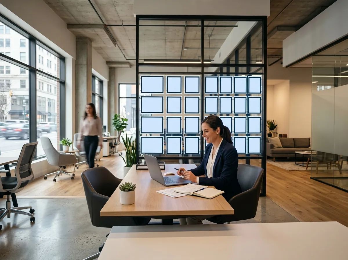 Real estate office with property listings
