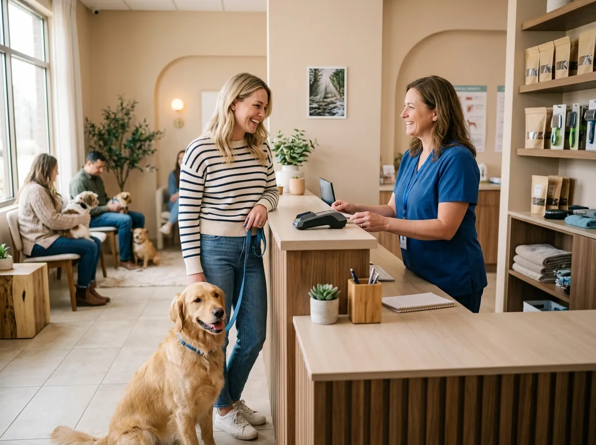Veterinary clinic front desk with pet owner
