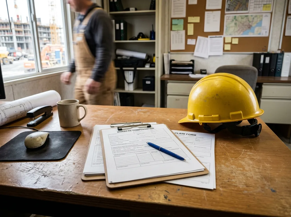 Construction site office with workers compensation paperwork